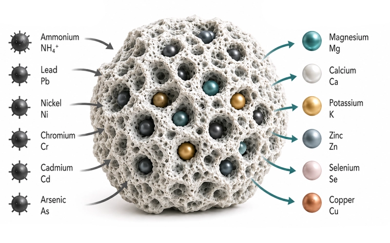 Crystal structure of zeolite clinoptilolite for natural detoxification in the gut