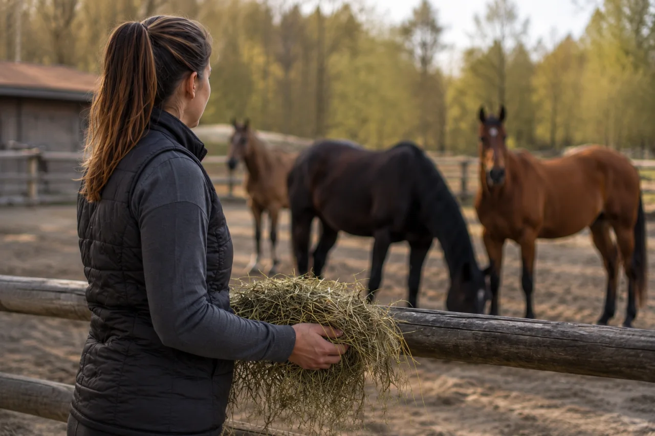 Pferdehalterin füttert Pferde mit Heu am Paddock als Symbol für Heuwechsel und Raufuttermanagement