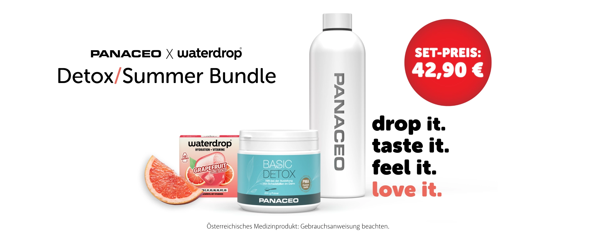 Werbebild zum PANACEO x waterdrop Detox/Summer Bundle mit weißer Trinkflasche, Basic Detox Pulver, Grapefruit Microdrink und Set-Preis 42,90 €