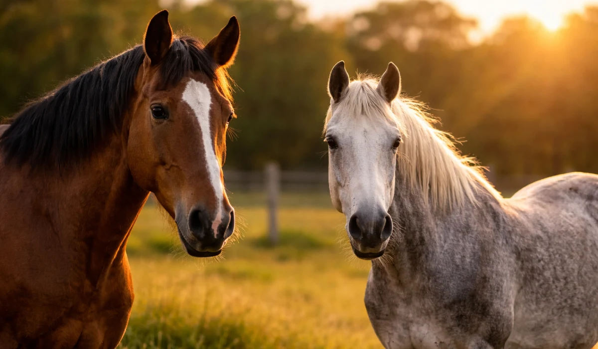 Kotwasser beim Pferd – Ursachen und gezielte Behandlung Pferde auf einer Weide bei Sonnenuntergang als Symbol für Verdauung und Wohlbefinden beim Pferd