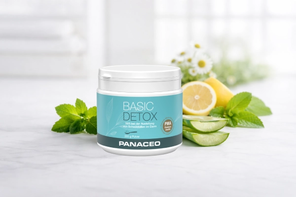 BASIC DETOX Medizinprodukt zur natürlichen Darmentgiftung mit 100 % PMA-Zeolith, beworben mit CE-Zertifizierung, klinischer Prüfung und 4,8 von 5 Kundenbewertung.